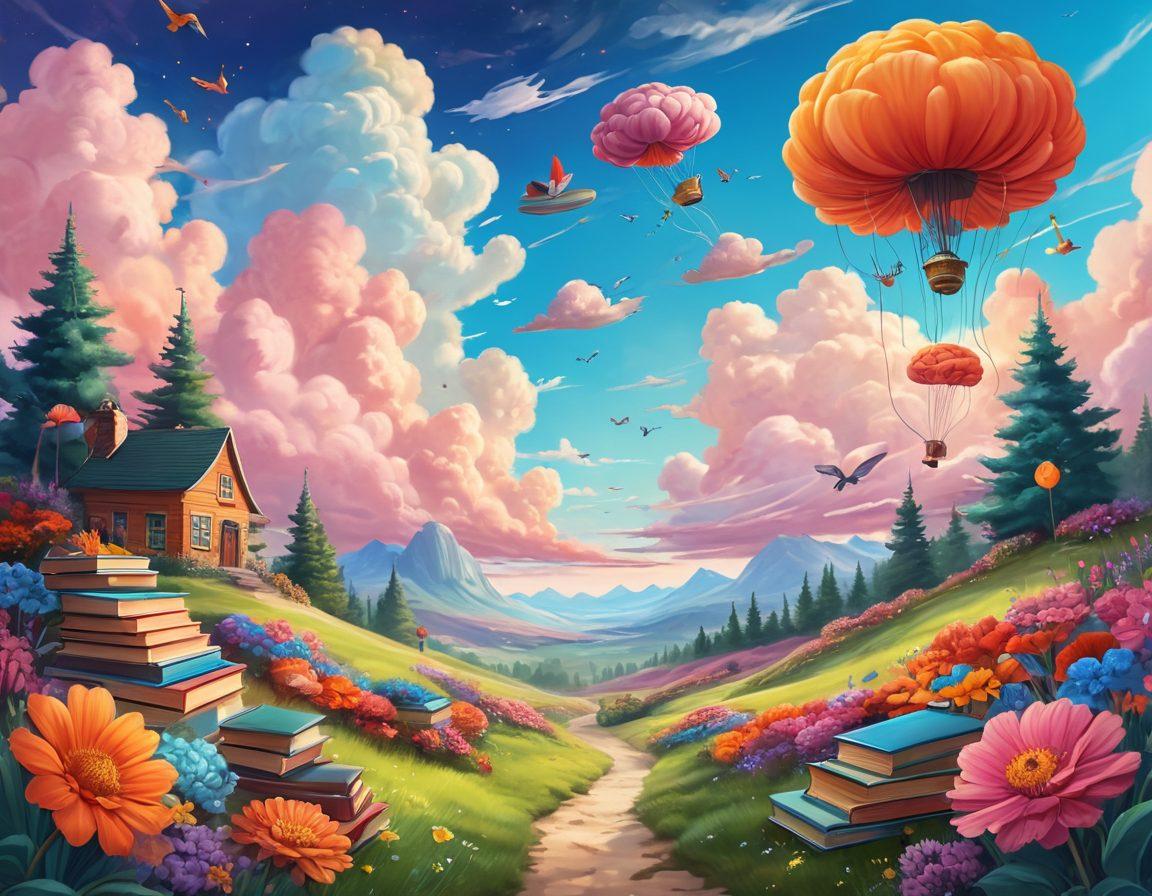 A colorful and whimsical landscape filled with oversized flowers, floating books, and quirky creatures, all representing the essence of creative thinking. A dreamy sky with fluffy clouds and bursts of vibrant colors showcases the limitless possibilities of imagination. Include a serene path winding through the scene, inviting viewers to explore and unleash their creativity. cartoonish style. vibrant colors. dreamy atmosphere.
