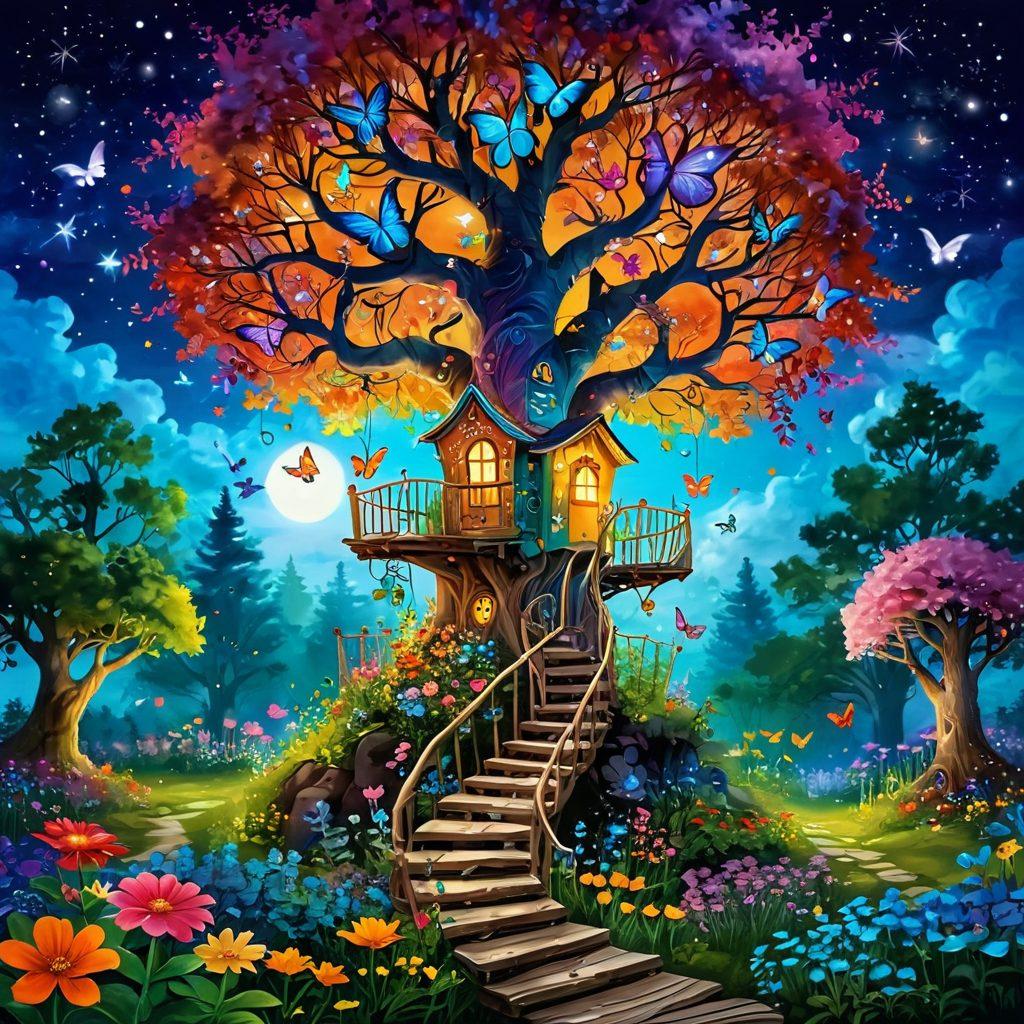 A whimsical garden filled with colorful flowers and playful creatures, where ideas take flight like butterflies. Enchanting pathways lead to an imaginative treehouse, with children exploring and painting their dreams. A vibrant sky sparkles with twinkling stars and swirling clouds, inviting creativity. Elements of magic and surprise encircle the scene, inspiring curiosity and wonder in every detail. vibrant colors. fantasy art. enchanting atmosphere.