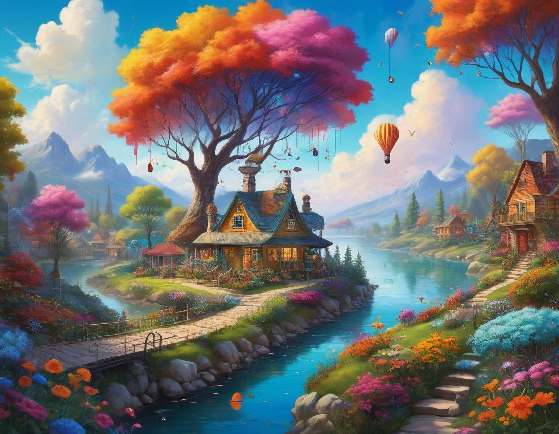A surreal landscape featuring a vibrant community bustling with creative minds, where whimsical structures blend with nature, like trees made of paintbrushes and clouds shaped like musical notes. Bright, diverse characters engage in artistic activities, like painting and crafting, surrounded by colorful flowers and floating lightbulbs symbolizing ideas. The scene emanates joy and imagination, inviting viewers to explore the power of creative thinking. super-realistic. vibrant colors. whimsical style.
